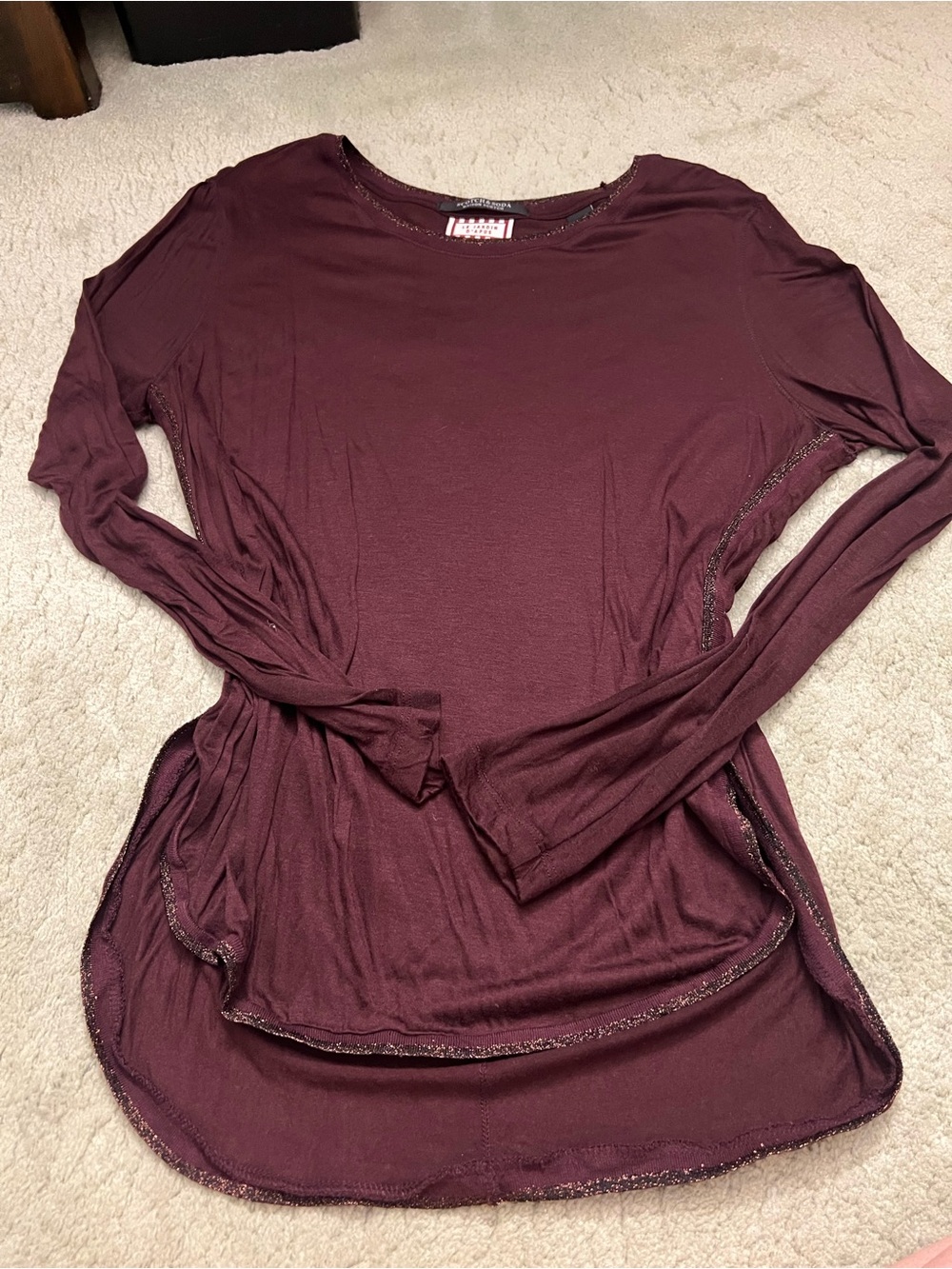 Scotch & Soda Long-Sleeve Tunic Top in Burgundy w/Metallic Trim Flaw (M)